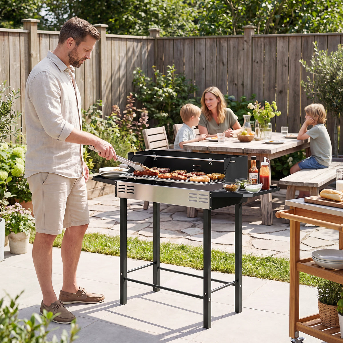 Outsunny charcoal grill with side shelves and adjustable grate in outdoor use