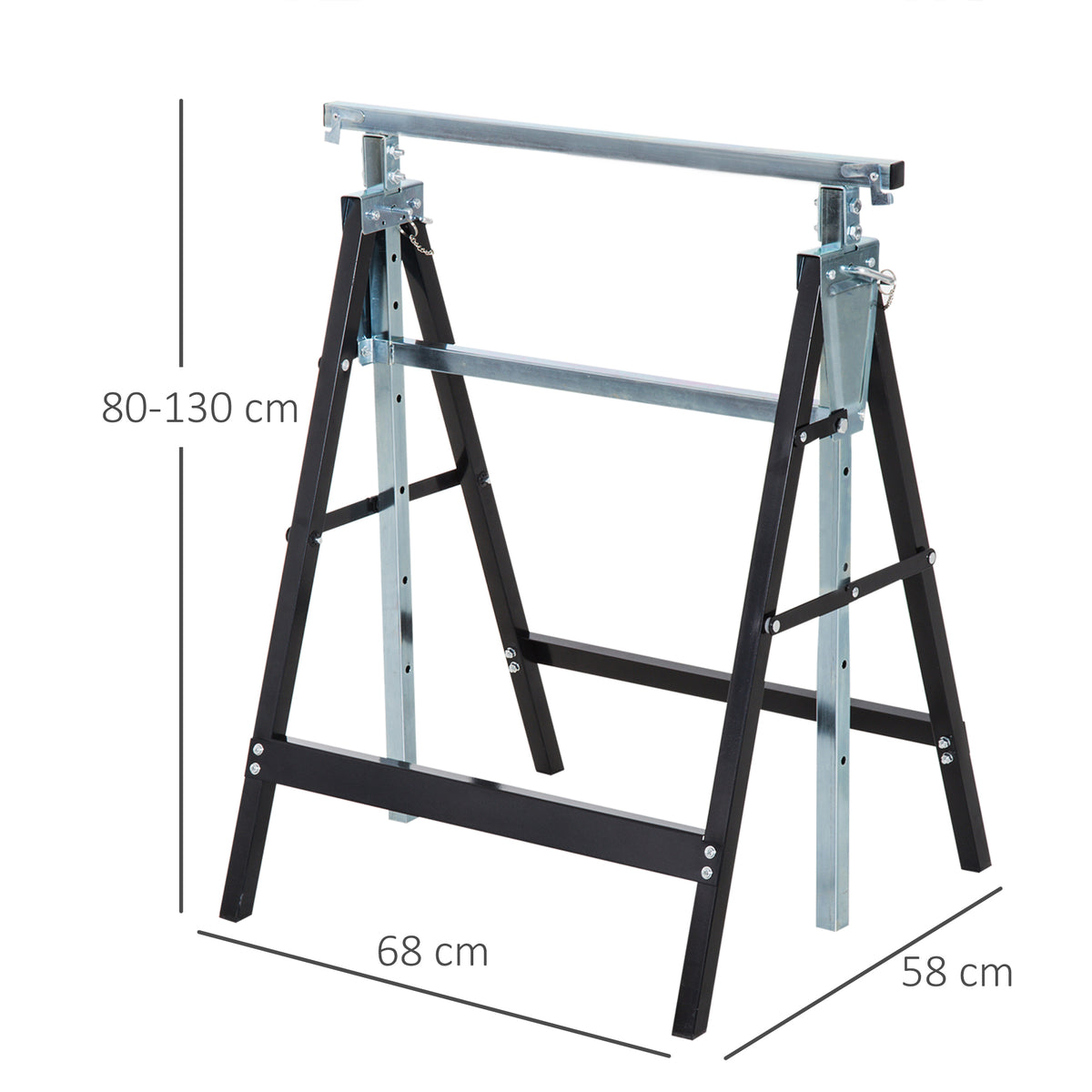 Adjustable steel trestle workbench with black folding legs and telescopic supports