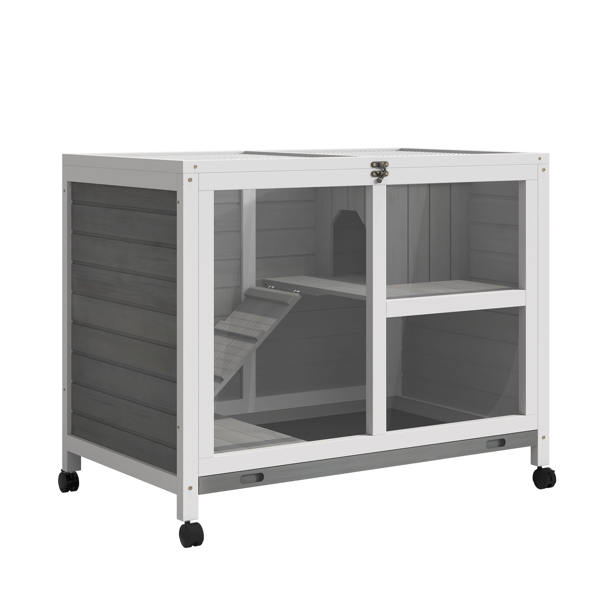 Photo of PawHut Wooden Rabbit Hutch Indoor with Wheels, Openable Roof, 91.5 x 53.3 x 73 cm, Grey in Grey colour on a white background