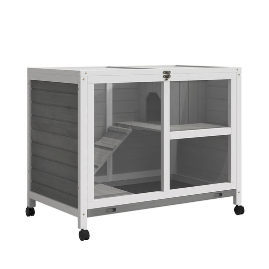 Photo of PawHut Wooden Rabbit Hutch Indoor with Wheels, Openable Roof, 91.5 x 53.3 x 73 cm, Grey in Grey colour on a white background
