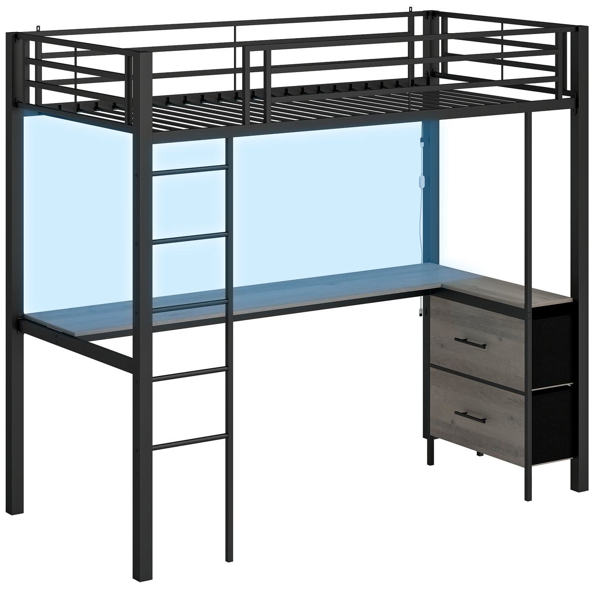 Photo of HOMCOM Metal Bunk Bed with Desk, High Sleeper Bed with LED Light and Safety Guardrail for Teens Adults, No Box Spring Needed in Needed colour on a white background