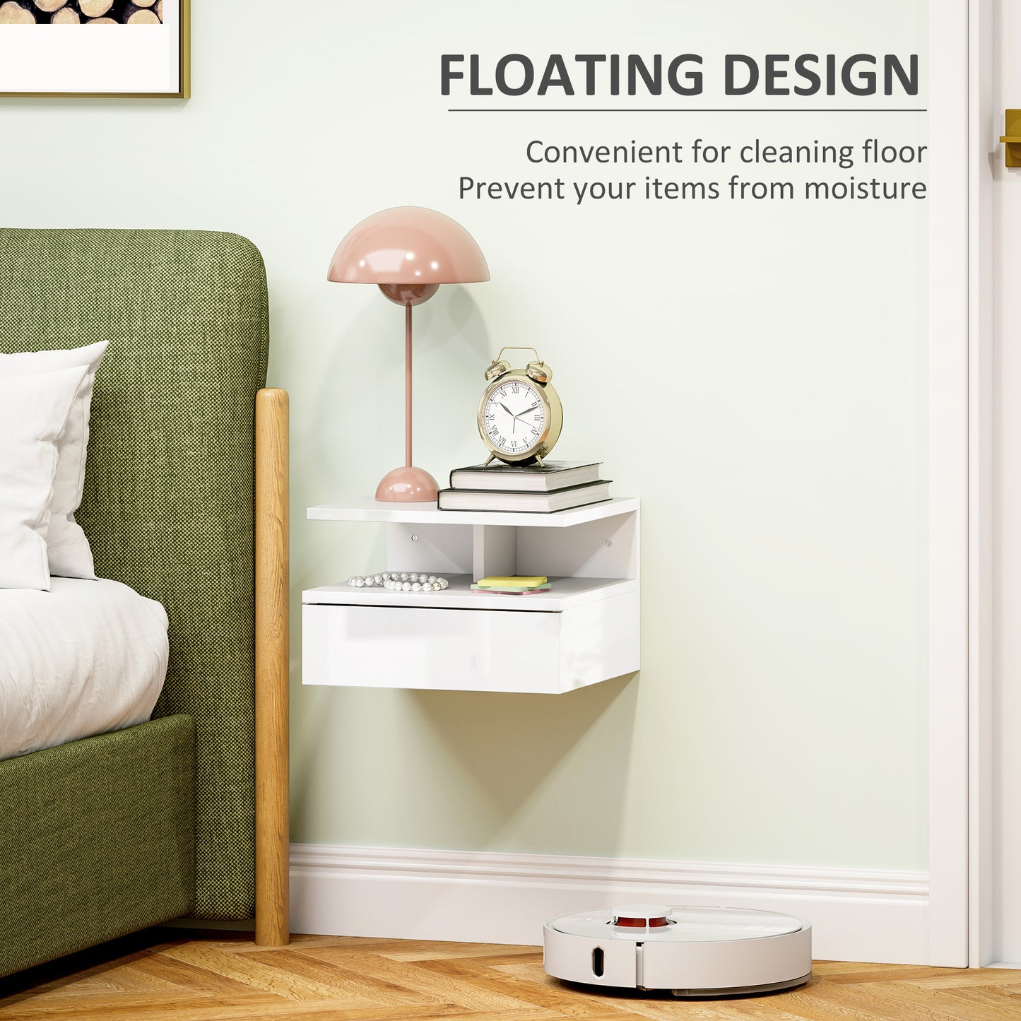 HOMCOM Floating High Gloss Bedside Table - High Gloss White