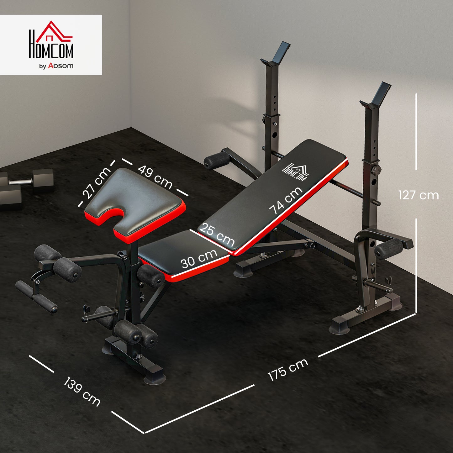 HOMCOM Adjustable Weight Bench with Leg Extension, Barbell Rack, Preacher Curl Pad, Butterfly, Multi-Function Home Gym Bench for Strength Training, Red
