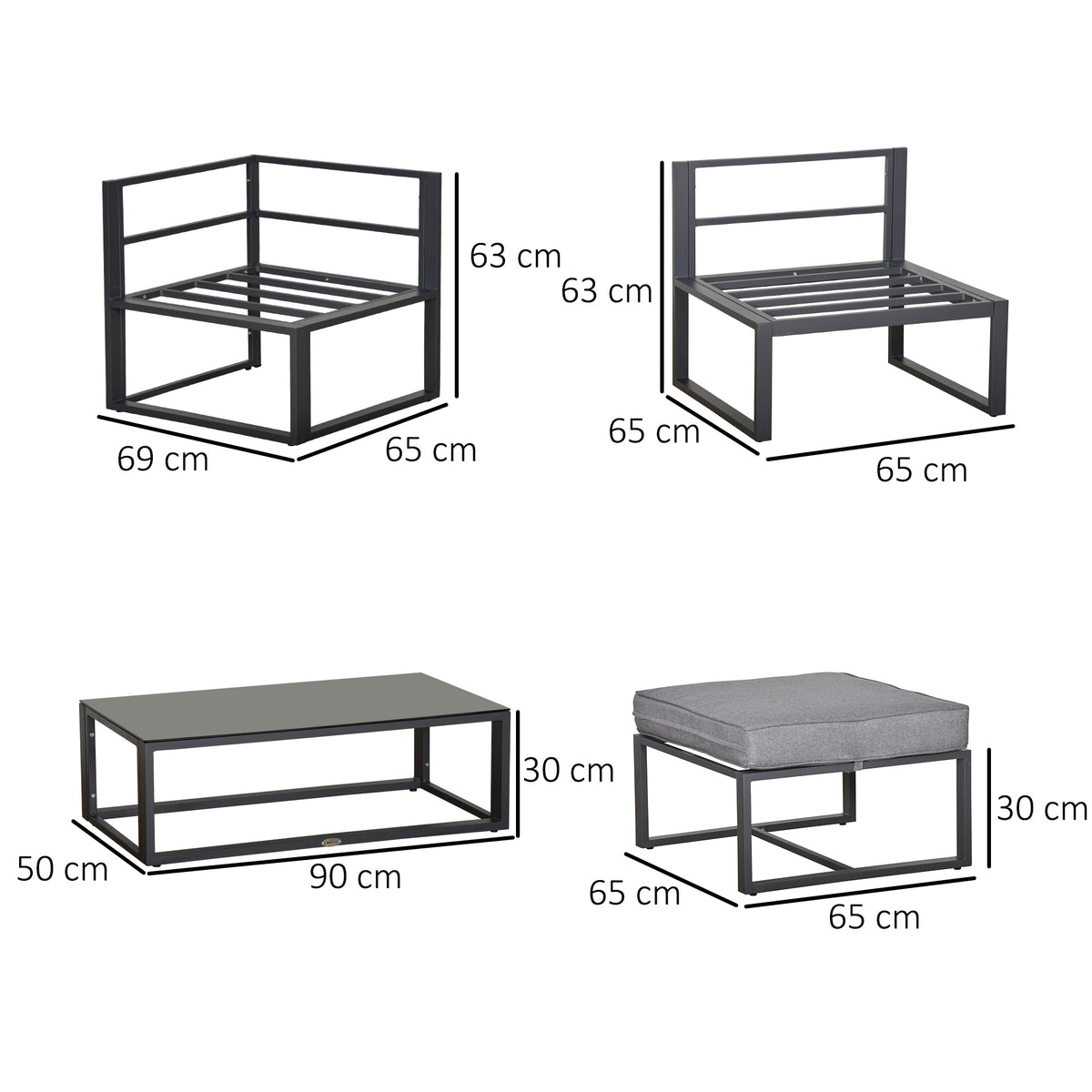Outsunny patio set components with measurements for chairs, table and cushioned footrest