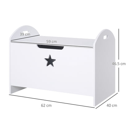 White wooden toy chest with star cutout and dimensions of 62 by 40 by 46.5 cm