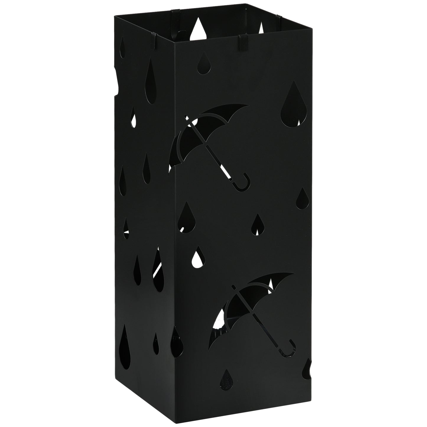 Photo of HOMCOM Steel Umbrella Stand, Square Umbrella Holder with 4 Hooks and Removable Drip Tray, Hollowed Umbrella Basket for Hallway, Black in Black colour on a white background