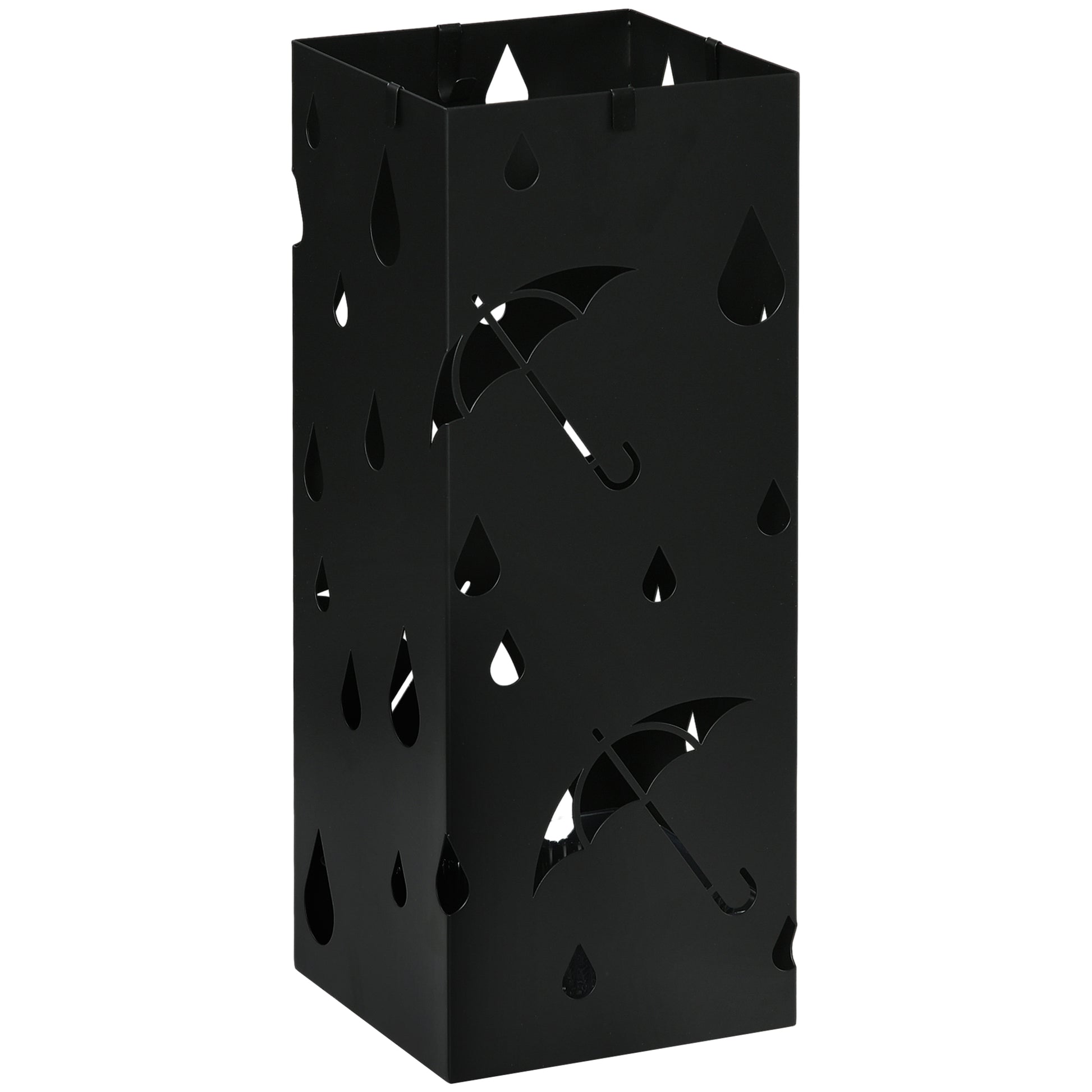 Photo of HOMCOM Steel Umbrella Stand, Square Umbrella Holder with 4 Hooks and Removable Drip Tray, Hollowed Umbrella Basket for Hallway, Black in Black colour on a white background