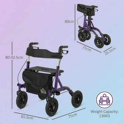 HOMCOM purple rollator shown open and folded, with dimensions and weight capacity