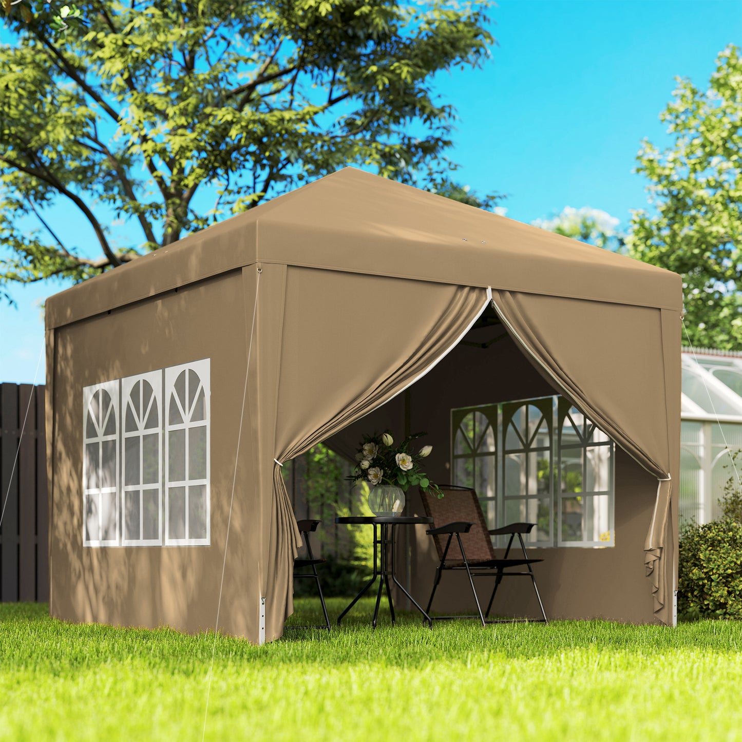 Outsunny 3x3(m) Pop-Up Gazebo, with Curtain Walls and Windows, Khaki