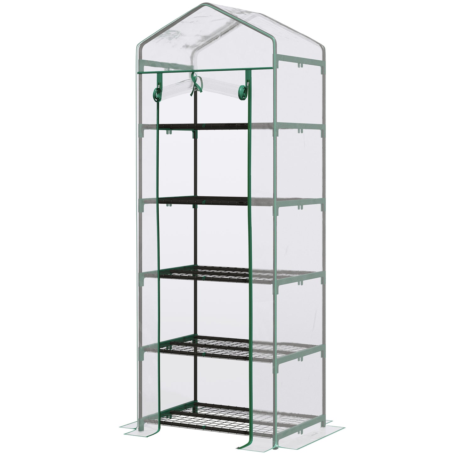 Photo of Outsunny 5 Tier Mini Greenhouse, Small Walk-in Greenhouse with Reinforced Plastic Cover, Garden Grow House with Roll Up Door and Shelves, 69 x 49 x 193cm, Green in Green colour on a white background