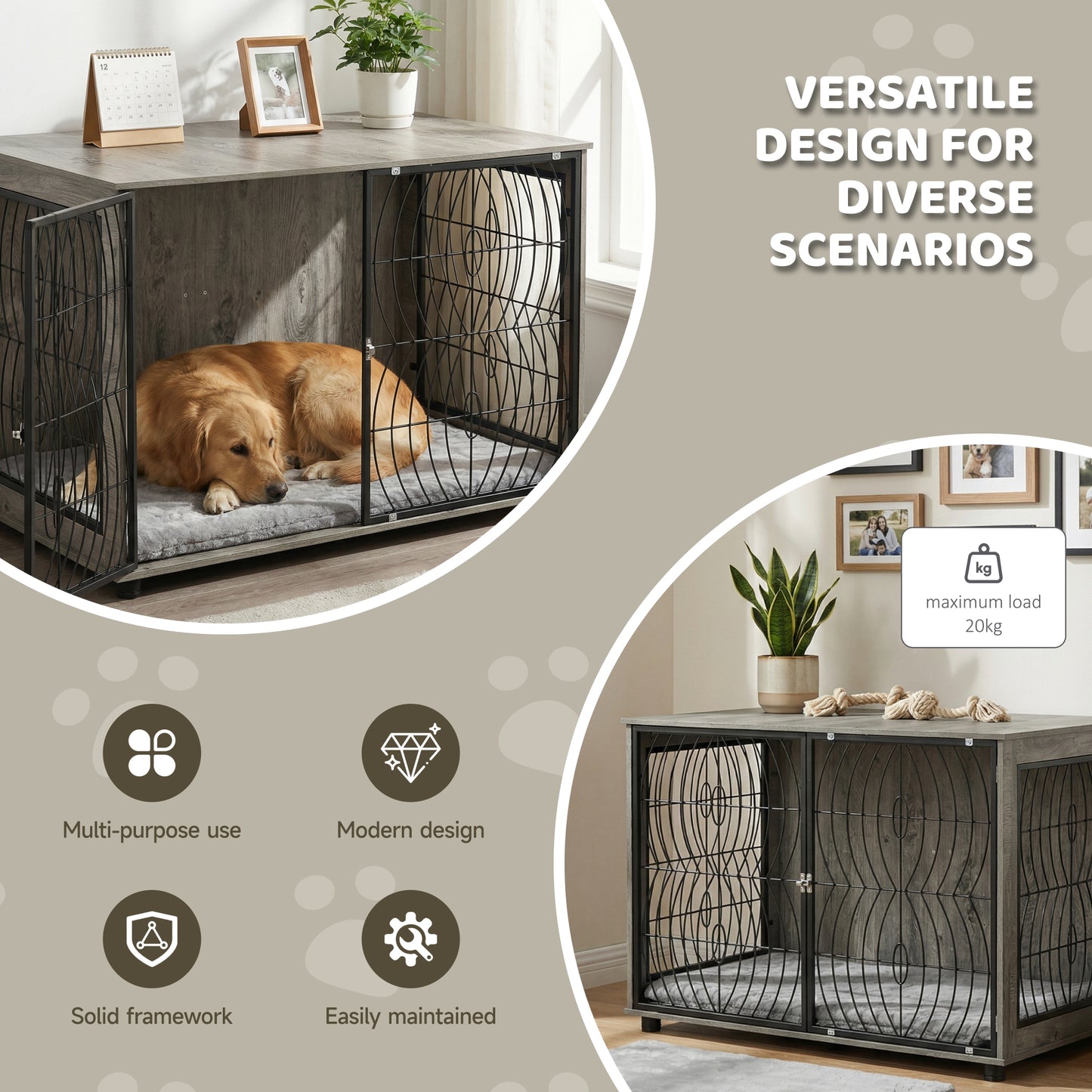 PawHut 46.46'' Dog Crate Furniture End Table w/ Plush Washable Cushion, Lockable Door, for Extra Large Dogs