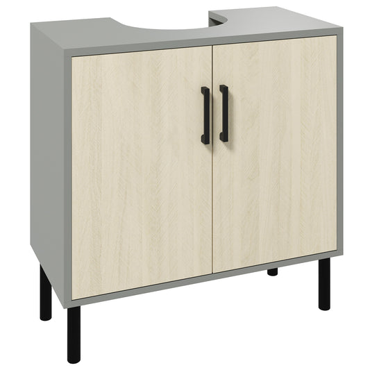 Photo of kleankin Under Sink Cabinet, Bathroom Vanity Unit, Storage Cupboard with Double Doors and Storage Shelves, 60x30x60cm, Natural in Natural colour on a white background