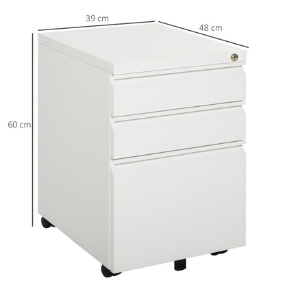 Closed white metal filing cabinet with three drawers, key lock, and caster wheels; 60 cm tall.