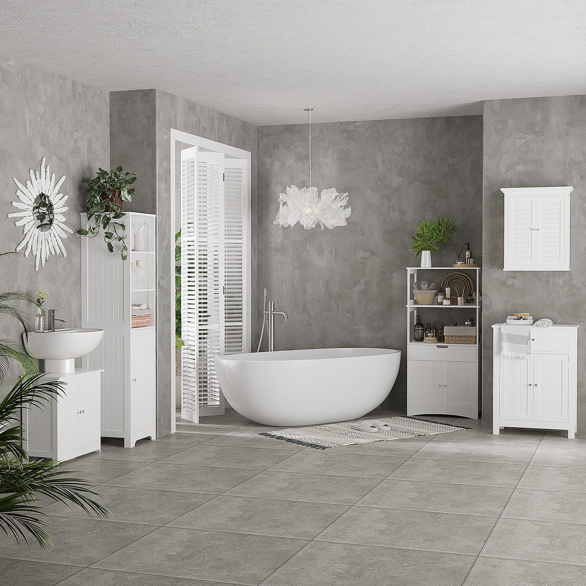 White under-sink cabinet with paneled doors beneath a vessel sink
