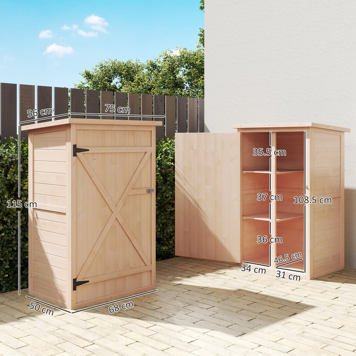 Outsunny wooden garden shed with open shelving and dimensions labeled