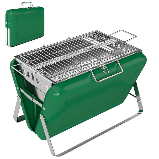 Photo of Outsunny Charcoal BBQ Grill Portable Stainless Steel Barbecue with Tilting Grate for Camping Picnic Garden Dark Green in Green colour on a white background