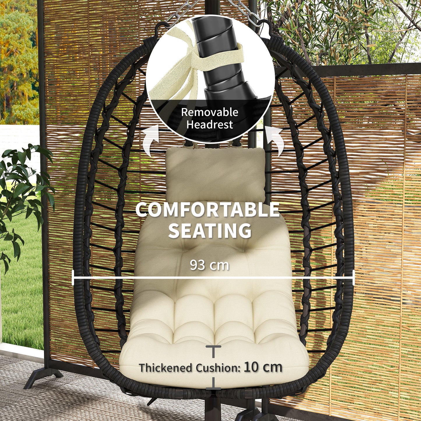 Outsunny Rattan Hanging Egg Chair, Foldable Wicker Hammock Swing Chair with Cushion, Stand, Adjustable Height, Head Pillow, Steel Frame for Garden Patio Indoor Outdoor, Cream White