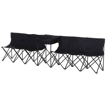 Black six-seat folding sports bench with fabric seats and a crisscross metal frame