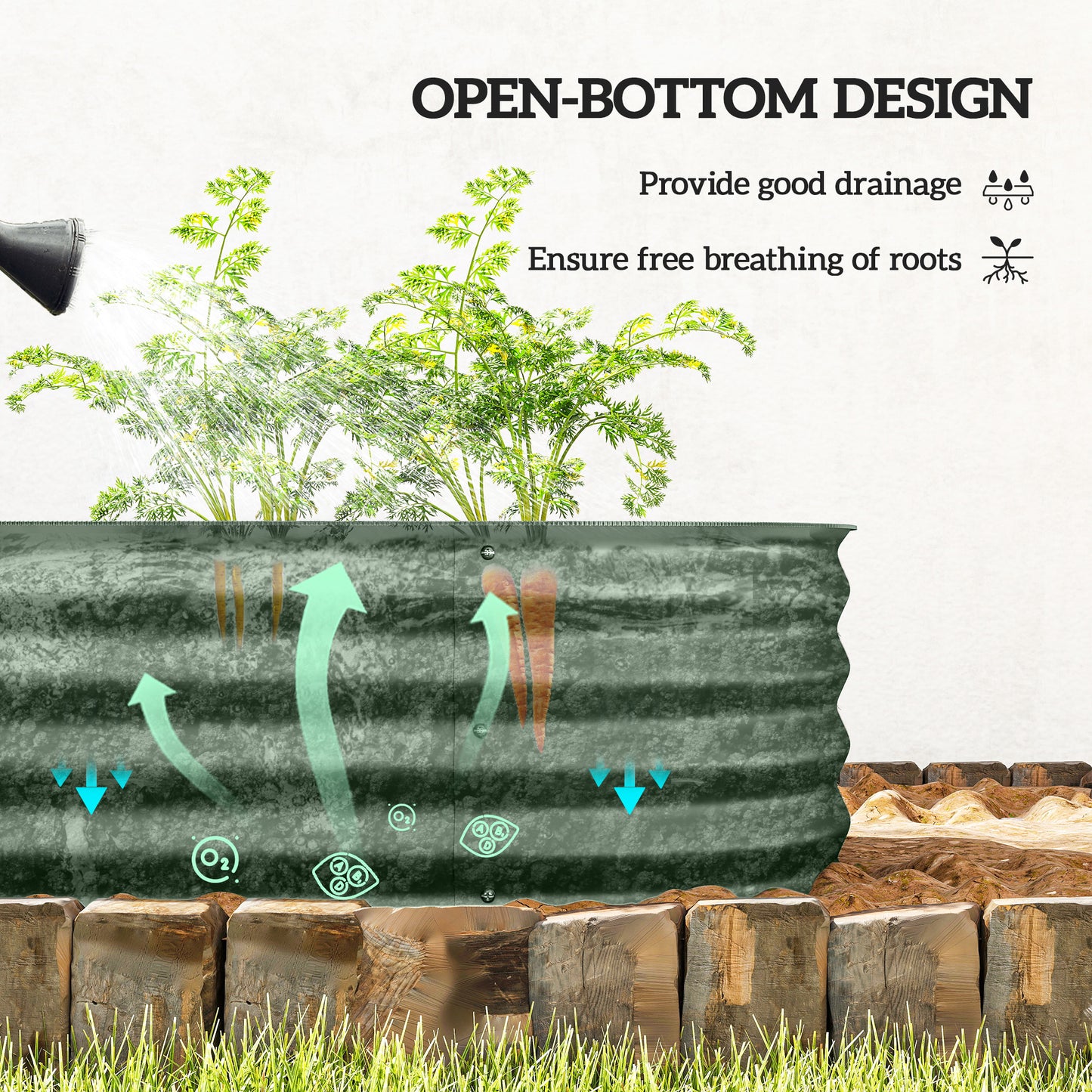Outsunny Galvanised Raised Garden Bed, Metal Planter Box with Safety Edging, for Flowers, Herbs, Succulents, Green