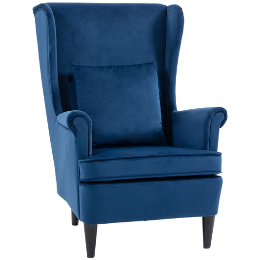 Photo of HOMCOM Modern Accent Chair with High Backrest and Pillow, Velvet-Feel Fabric Reading Chair with Solid Wood Legs, Blue in Blue colour on a white background