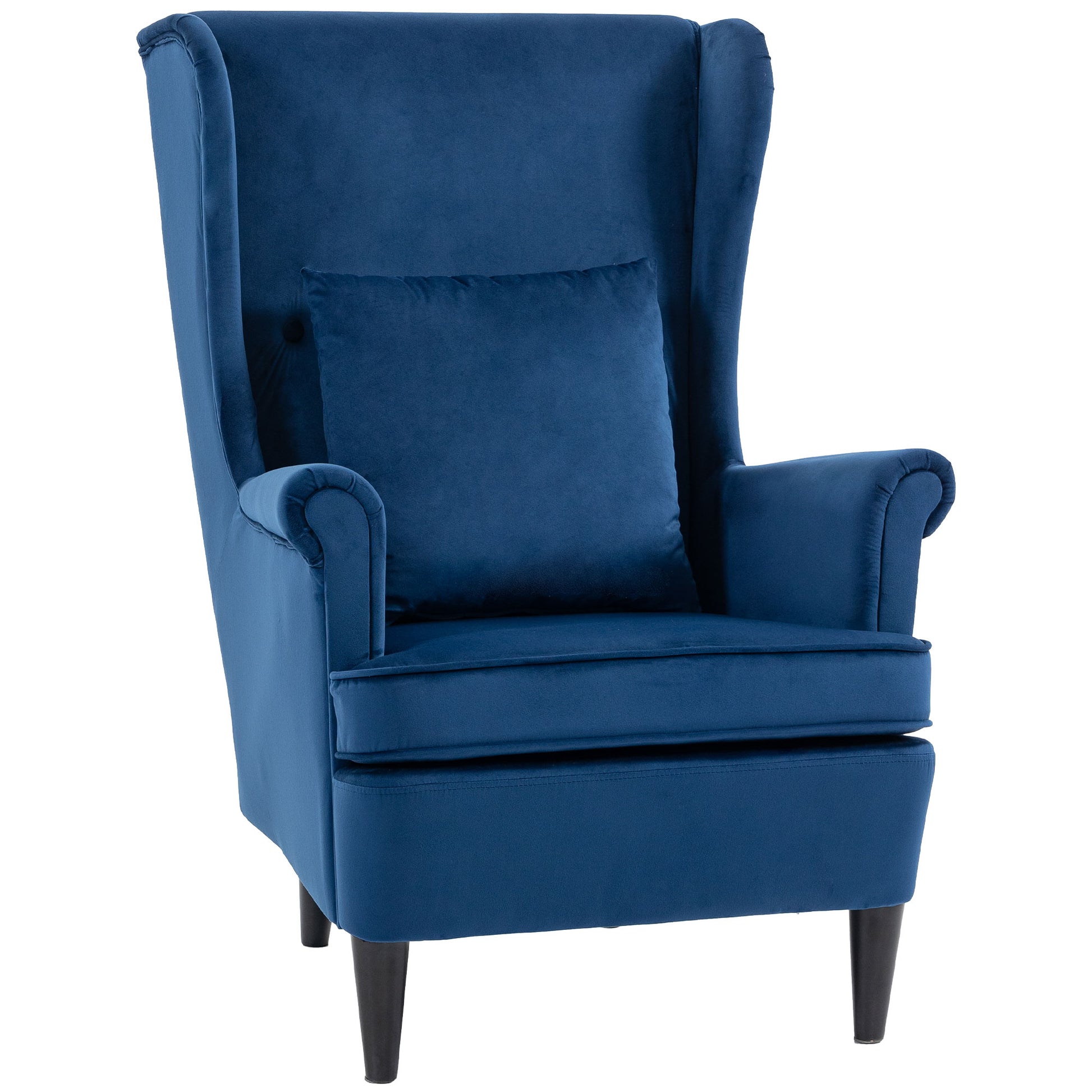 Photo of HOMCOM Modern Accent Chair with High Backrest and Pillow, Velvet-Feel Fabric Reading Chair with Solid Wood Legs, Blue in Blue colour on a white background