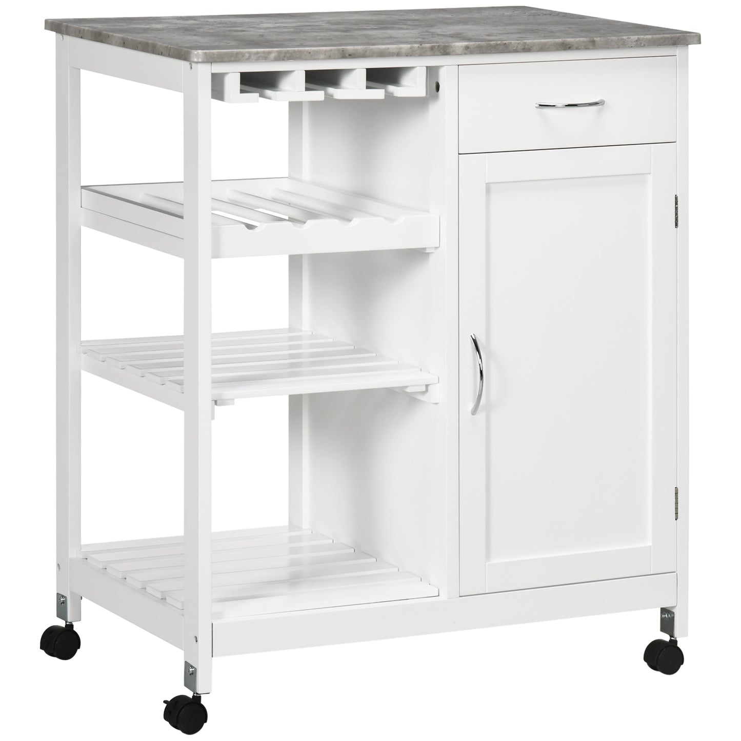 Photo of HOMCOM Kitchen Trolley with Wine Rack, Drawer, Open Shelf and Storage Cabinet for Dining Room, White in White colour on a white background
