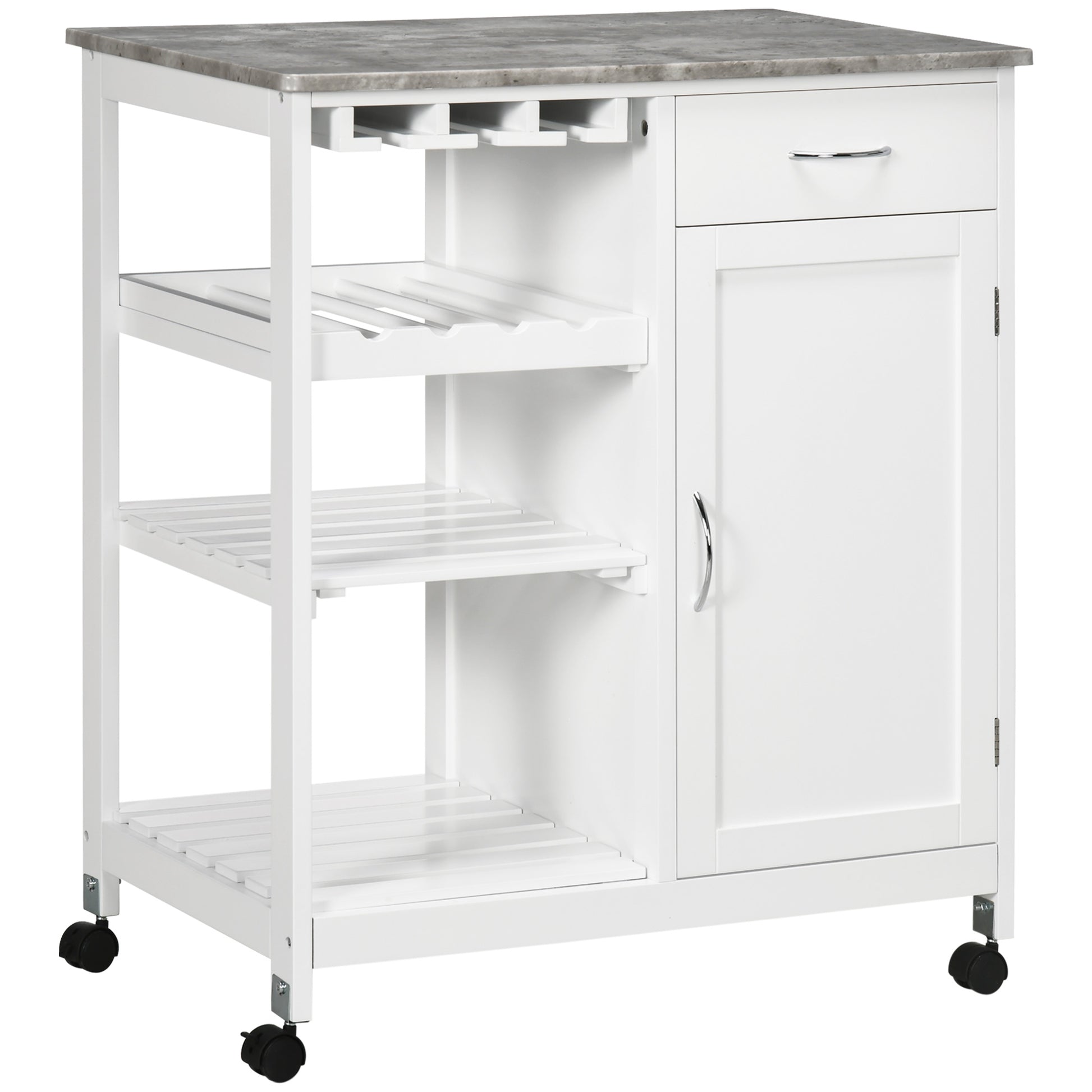 Photo of HOMCOM Kitchen Trolley with Wine Rack, Drawer, Open Shelf and Storage Cabinet for Dining Room, White in White colour on a white background