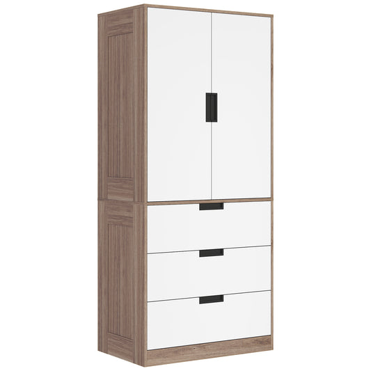Photo of HOMCOM Modern Clothes Storage Cupboard Unit, 3 Drawer 2 Door Wardrobe with Hanging Rod, White/Brown in White/Brown colour on a white background