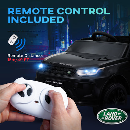 Black AIYAPLAY Land Rover Discovery Sport ride-on car with a white remote control