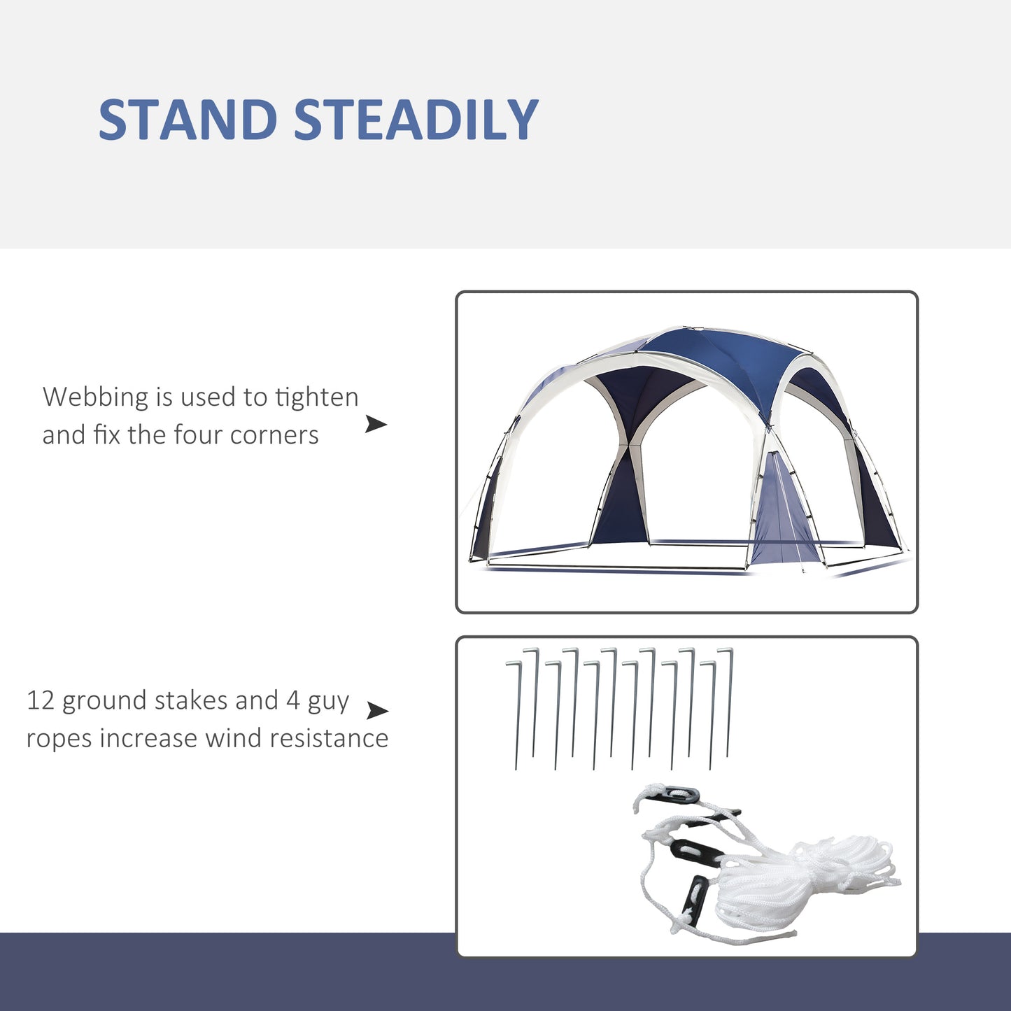 Outsunny 3.5 x 3.5M Camping Gazebo, Outdoor Event Shelter Dome Tent Garden Sun Shelter Patio Spire Arc Pavilion Camp Sun Shade Tent for 6-8 Person, Blue and Grey