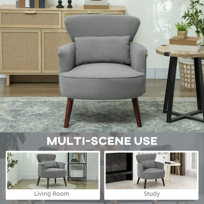 Light grey corduroy accent chair with lumbar pillow and tapered wood legs, shown from the front