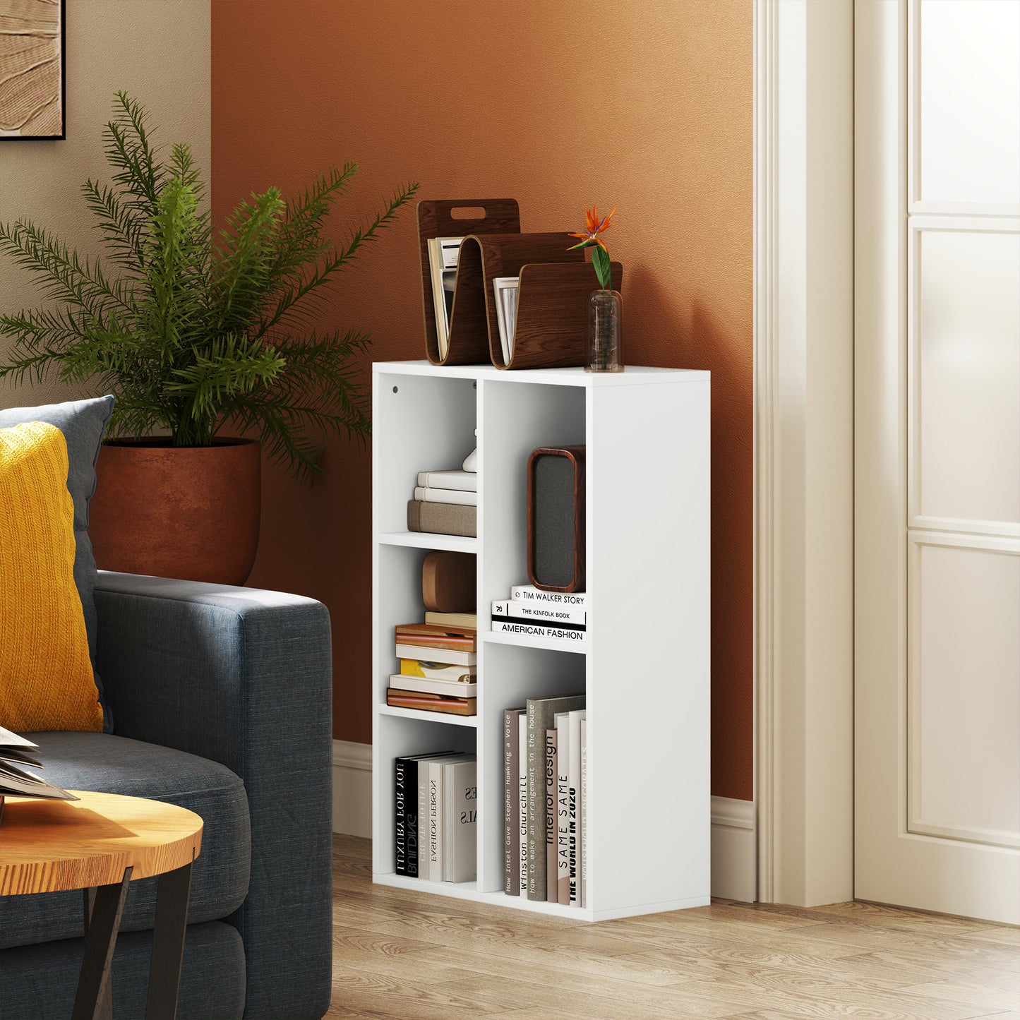 HOMCOM 2-Tier Bookshelf with 5 Compartments - White