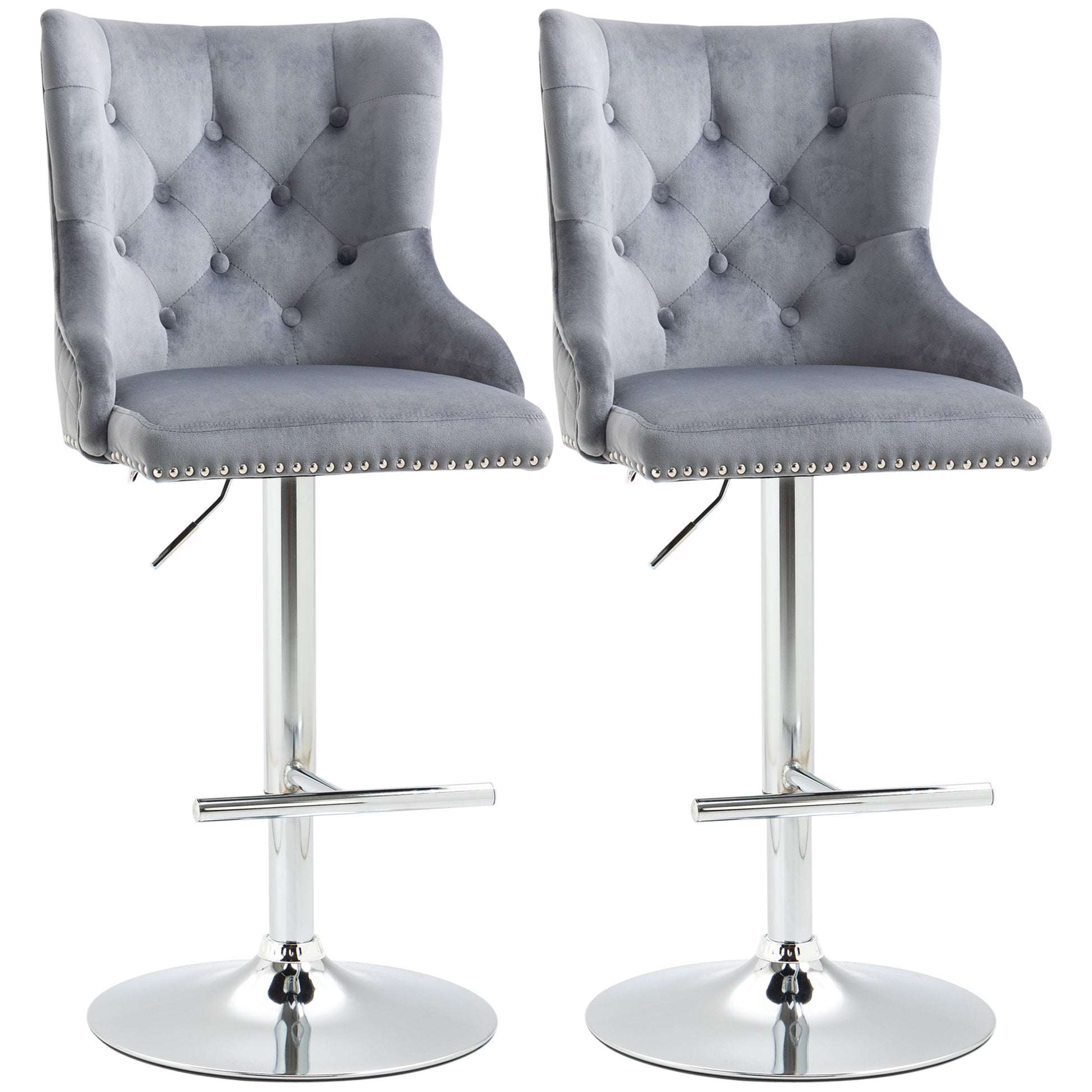 Photo of HOMCOM Bar Stools Set of 2, Modern Swivel & Adjustable Velvet Barstools with Button Tufted Back, Footrest, Nailhead Trim for Home Bar, Grey in Grey colour on a white background
