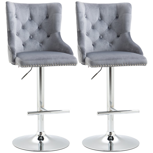 Photo of HOMCOM Bar Stools Set of 2, Modern Swivel & Adjustable Velvet Barstools with Button Tufted Back, Footrest, Nailhead Trim for Home Bar, Grey in Grey colour on a white background