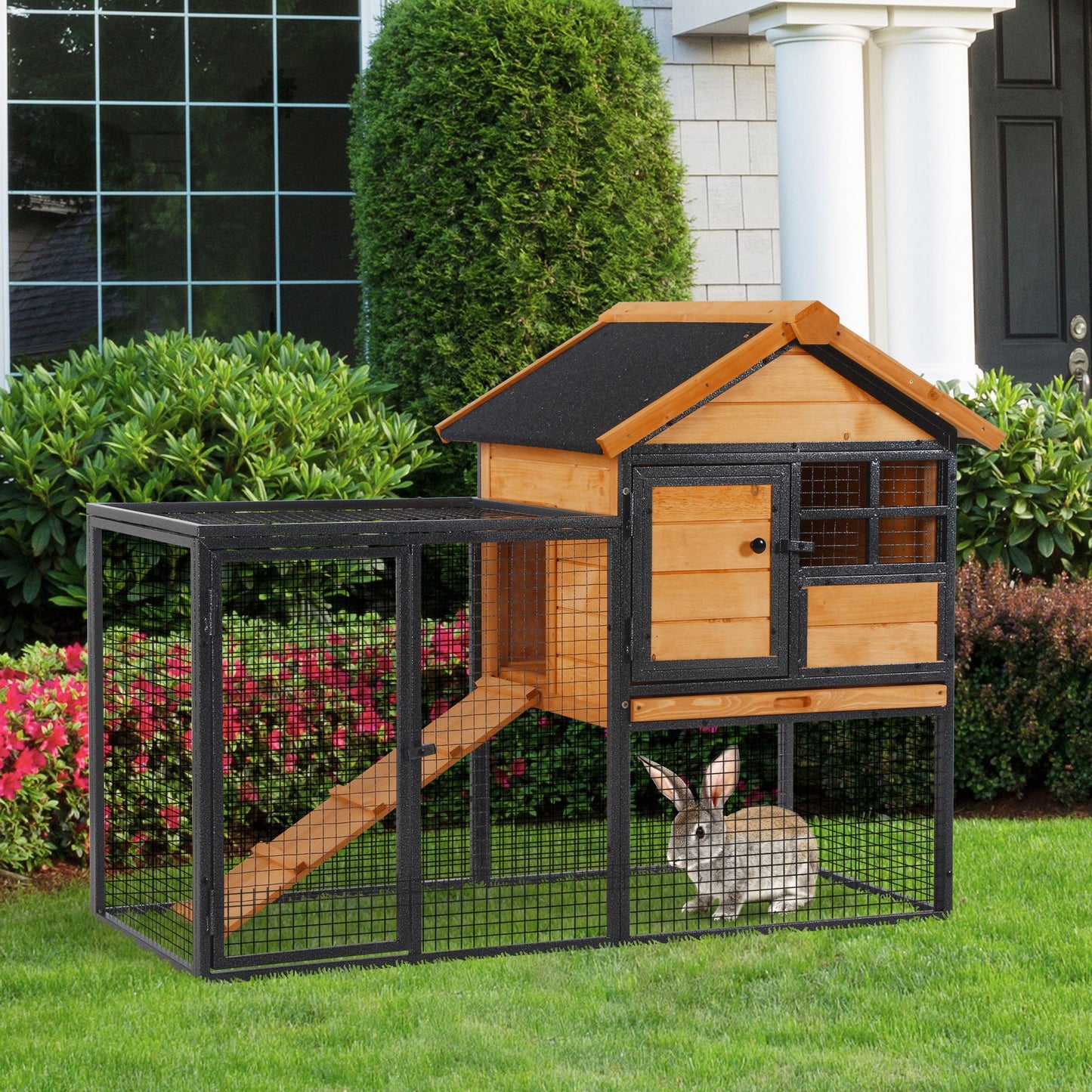 Photo of PawHut Wood-metal Guinea Pigs Hutches Elevated Pet Bunny House Rabbit Cage with Slide-Out Tray Outdoor in Outdoor colour on a white background
