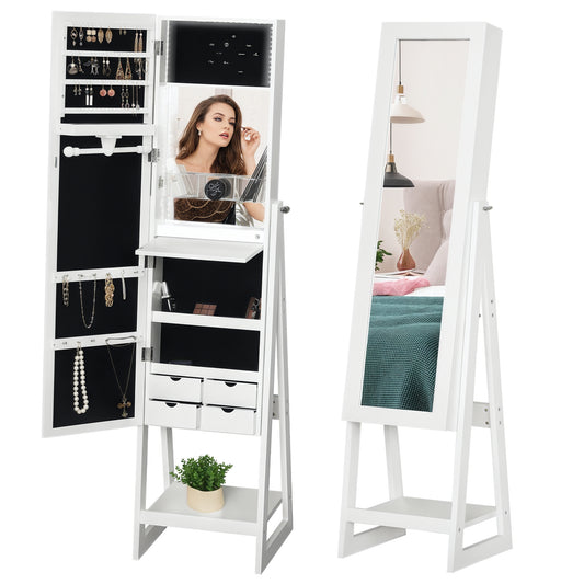 White standing jewelry cabinet with full-length mirror, drawers, shelves and jewelry storage