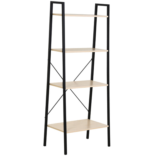 HOMCOM four-tier ladder shelf with oak-tone shelves and black metal frame