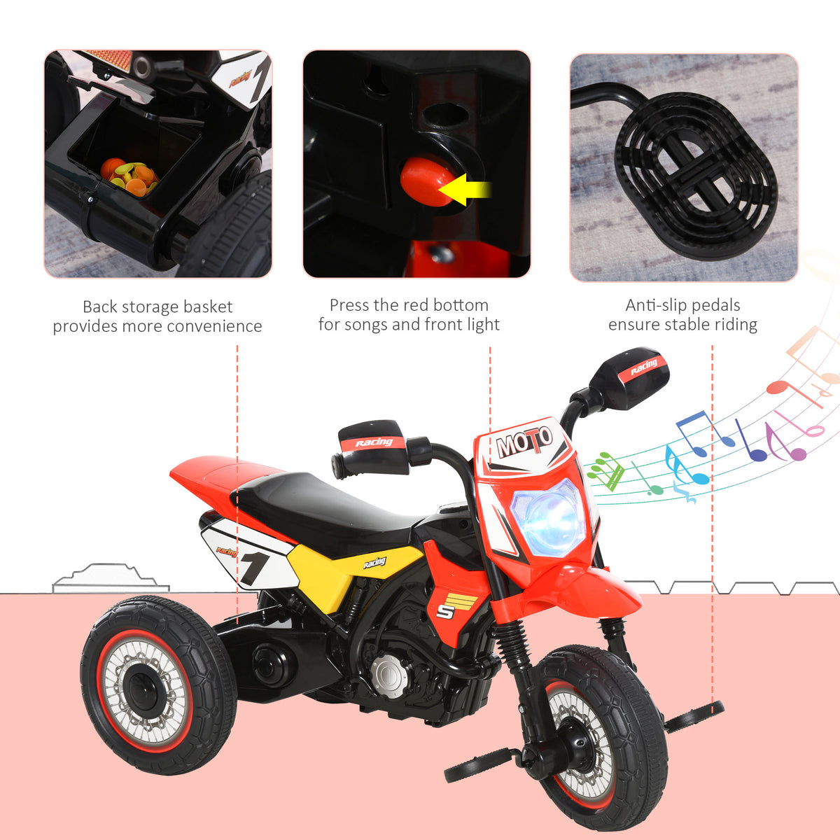 Red motorcycle-style toddler tricycle with rear storage basket, red music button and anti-slip pedals