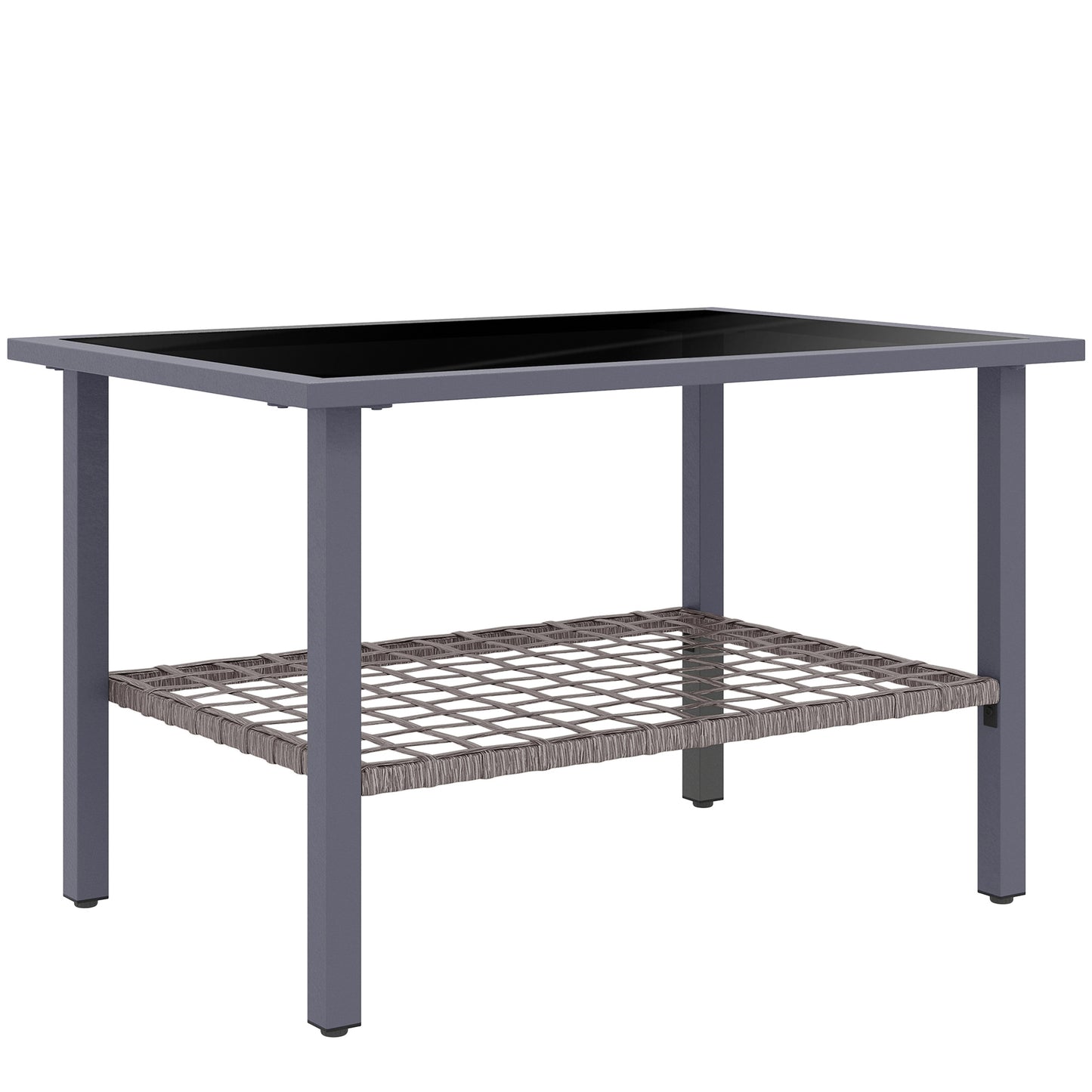 Photo of Outsunny Outdoor Rattan Coffee Table with Tempered Glass Top, Storage Shelf, Foot Pads, for Patio, Balcony, Mixed-grey in Mixed-grey colour on a white background