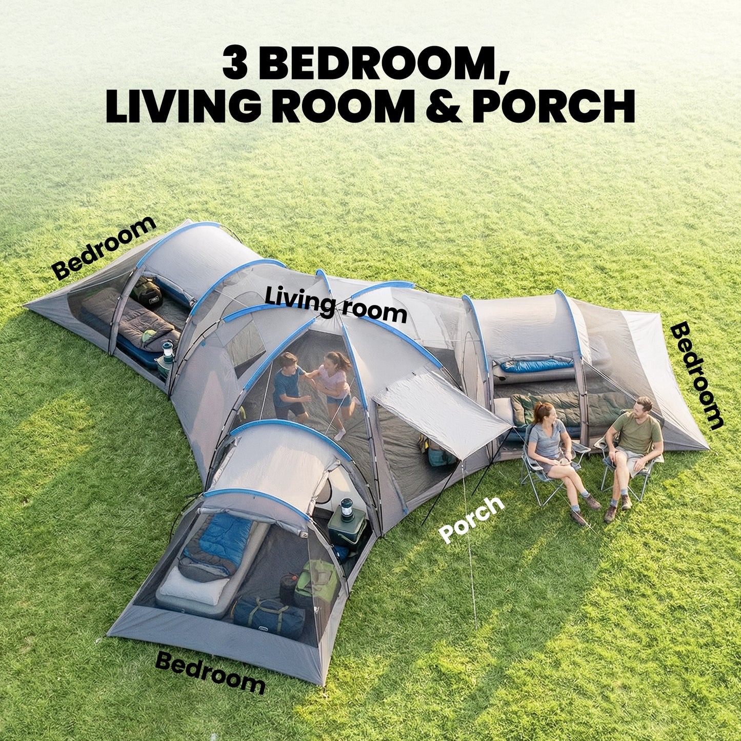 Outsunny 6-9 Man Large Tunnel Tent with 3 Bedrooms, Living Area and Porch, Light Grey