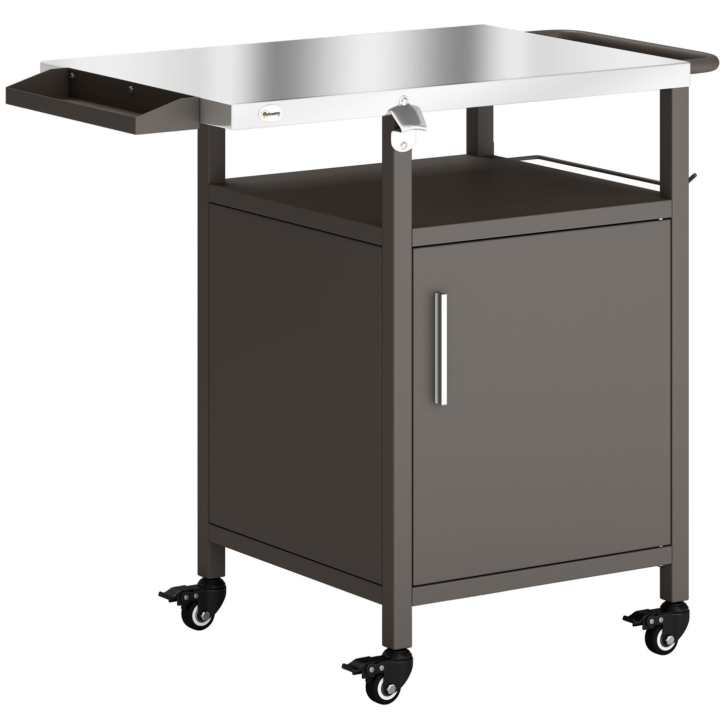 Photo of Outsunny Grill Cart with Stainless Steel Top, Pizza Oven Stand with Cabinet, Spice Rack, Towel Holder, Bottle Opener, Brown in Brown colour on a white background