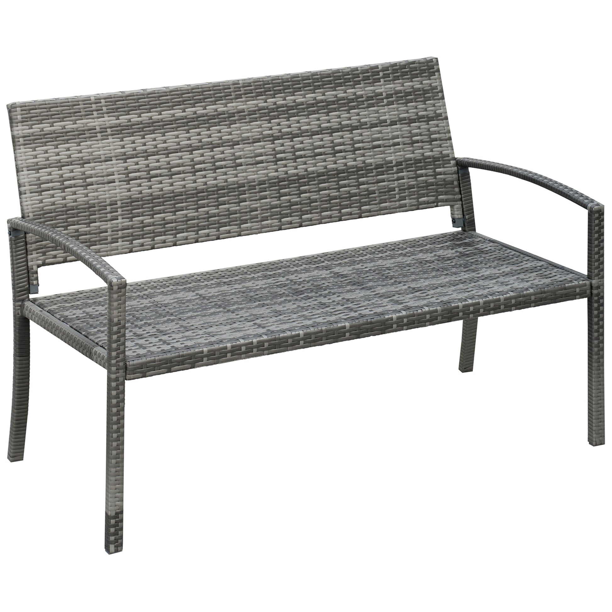 Photo of Outsunny 2 Seater Poly Rattan Garden Bench, All Weather Wicker Garden Loveseat, Outdoor Seating Bench with 240 Load Capacity, Backrest and Armrests for Patio, Terrace, Balcony, Grey in Grey colour on a white background