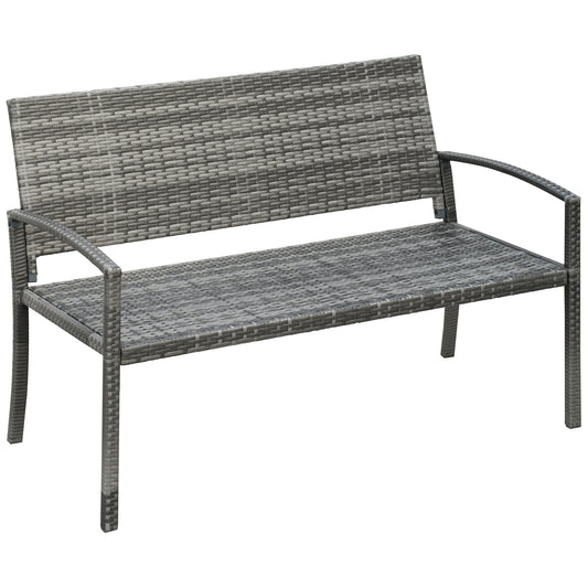 Photo of Outsunny 2 Seater Poly Rattan Garden Bench, All Weather Wicker Garden Loveseat, Outdoor Seating Bench with 240 Load Capacity, Backrest and Armrests for Patio, Terrace, Balcony, Grey in Grey colour on a white background