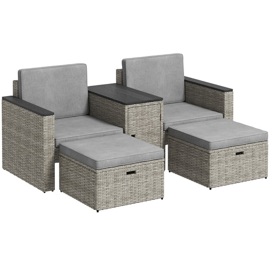 Photo of Outsunny 5 Piece Rattan Garden Furniture Set with Storage Table, Footstools, Cushions, Grey in Grey colour on a white background
