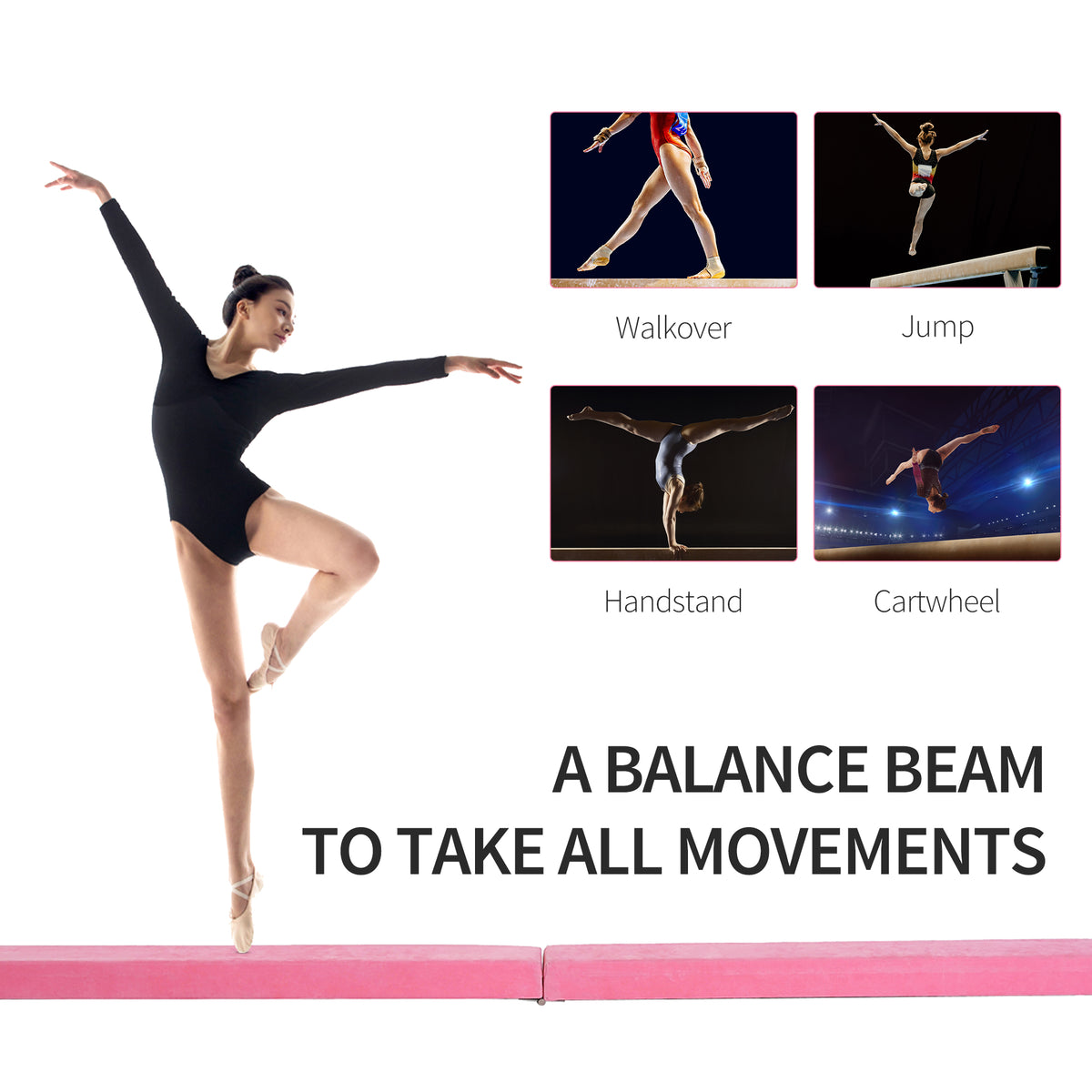Pink folding balance beam shown in use for gymnastics movements