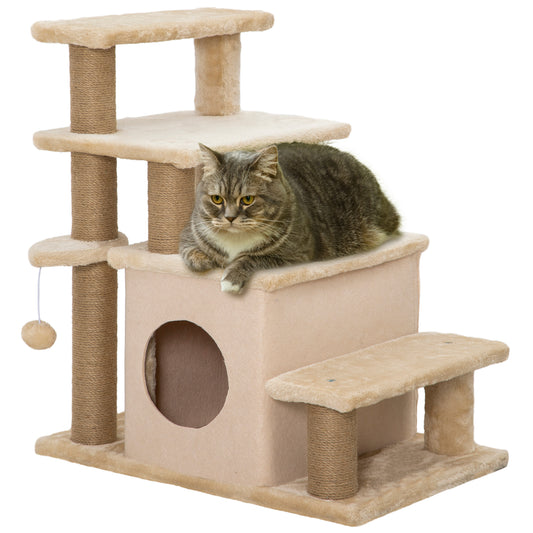 Photo of PawHut Adjustable Cat Steps, with House & Hanging Toy Ball - Beige in Beige colour on a white background