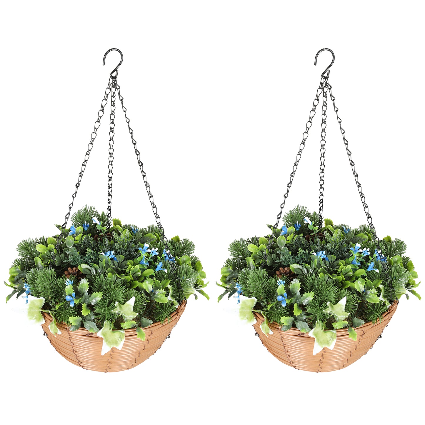 Photo of HOMCOM Pack of 2 Faux Plant Artificial Lisianthus Flowers, Hanging Planters with Basket, PE Leaves, 18 Flowers and 3 Pinecones, Decorative Faux Plants for Home Office Decor, Green in Green colour on a white background
