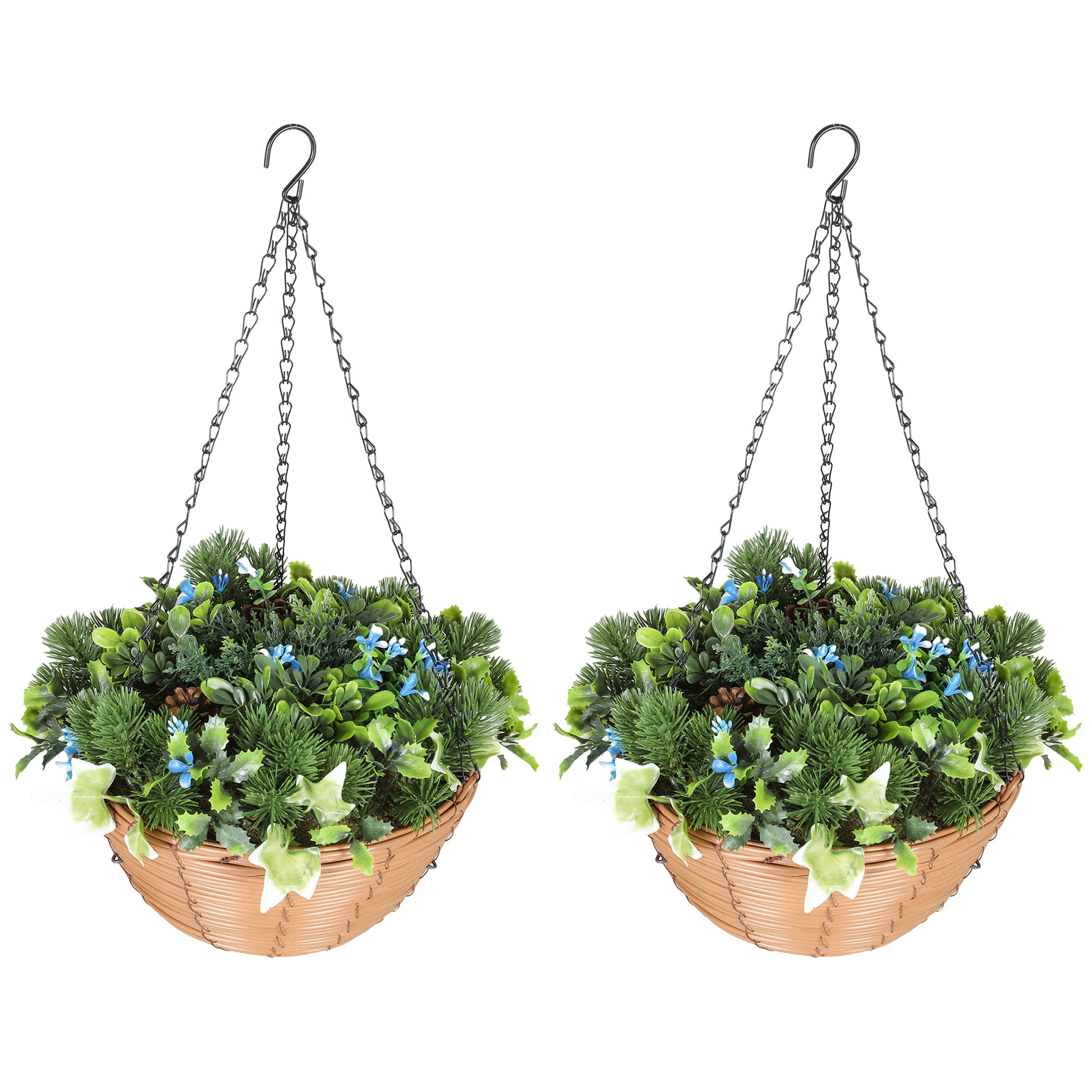 Photo of HOMCOM Pack of 2 Faux Plant Artificial Lisianthus Flowers, Hanging Planters with Basket, PE Leaves, 18 Flowers and 3 Pinecones, Decorative Faux Plants for Home Office Decor, Green in Green colour on a white background