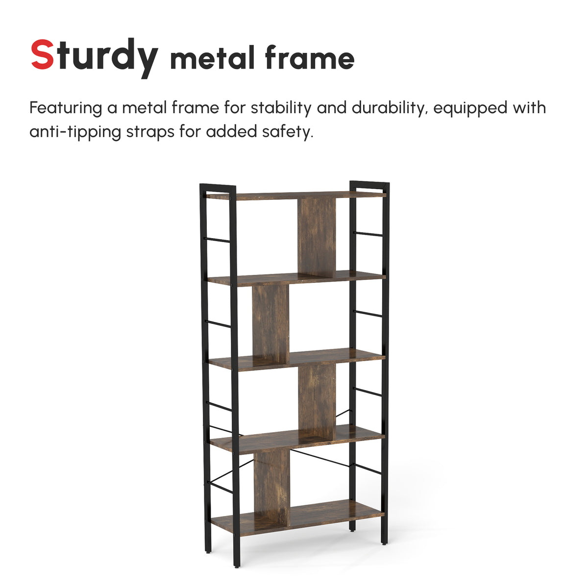 HOMCOM Industrial Storage Unit, 5 Tiers Bookcase with Open Compartments for Office Living Room, Bedroom, Rustic Brown and Black