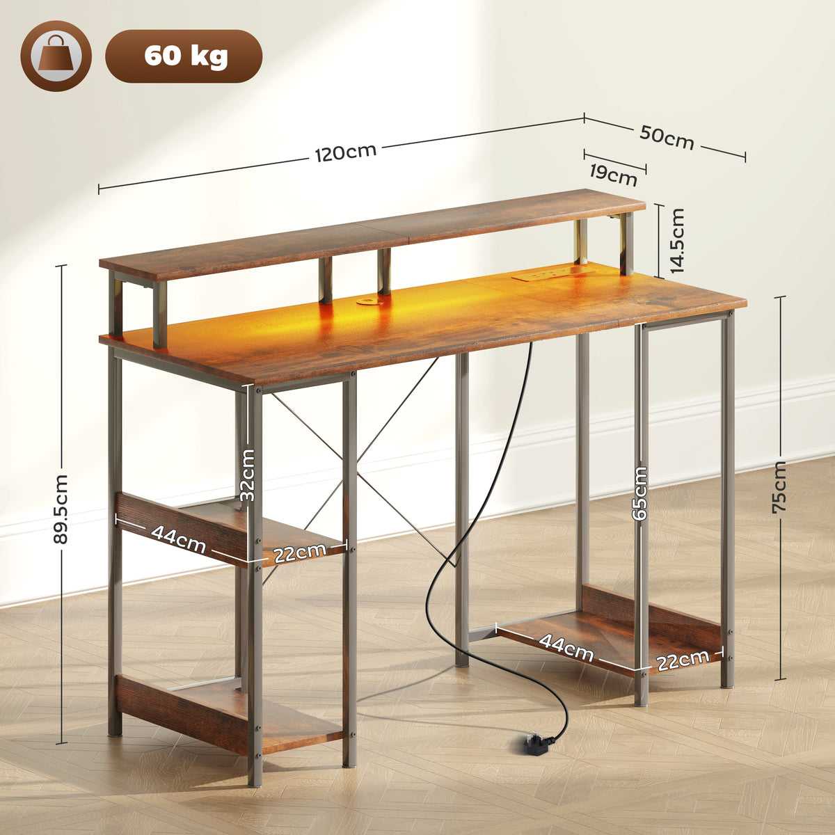 Computer desk with raised shelf, side storage shelves, and 120 cm wide desktop